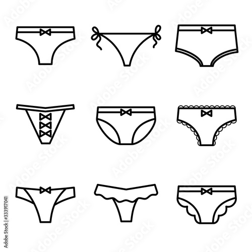 Set of vector linear icons of female panties in flat style isolated on white background. Outline illustration of woman underwear
