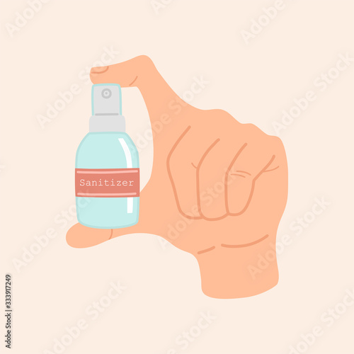 Coronavirus, covid-19. Sanitizer in the hand, isolated background. Vector illustration, flat style.