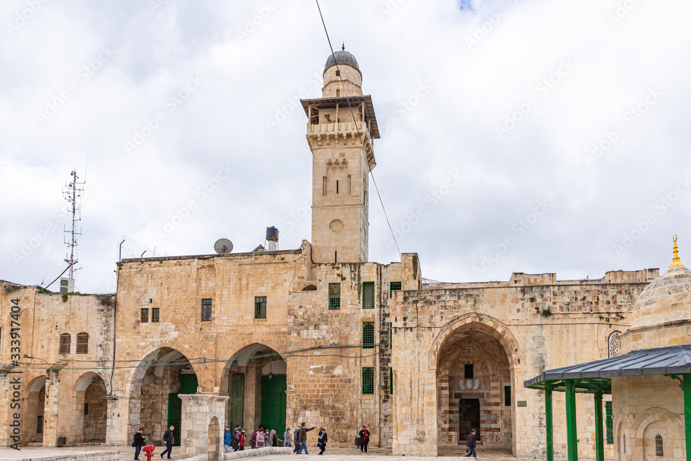 The Medresse and the Bab al-Silsila minaret are on the Temple Mount in the Old Town of Jerusalem in Israel