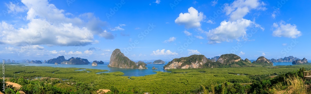 Beautiful Samet Nangshe viewpoint over Phnag-nga Bay panorama scenic, with mangrove forest and mountains in Andaman sea, near Phuket, Thailand