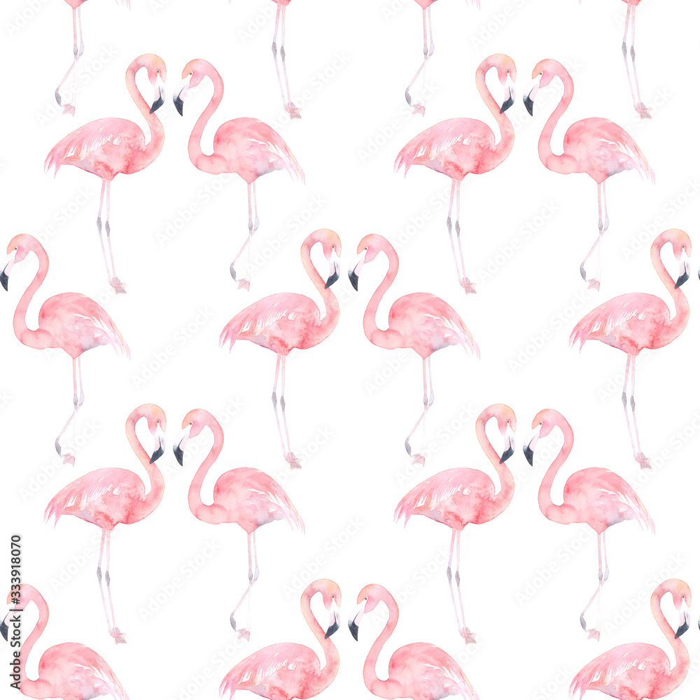 Fototapeta premium Watercolor seamless pattern with exotic flamingo on white background. Summer decoration print for wrapping, wallpaper, fabric