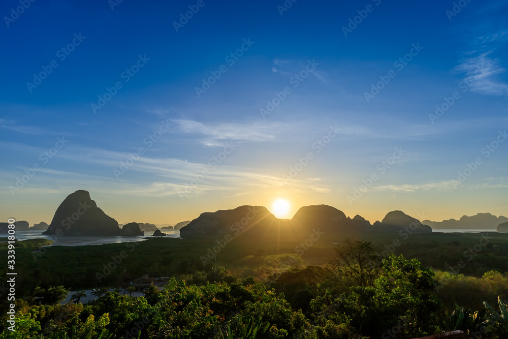 Beautiful Samet Nangshe viewpoint over Phnag-nga Bay scenic during sunrise, with mangrove forest and mountains in Andaman sea, near Phuket, Thailand