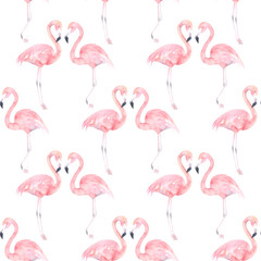 Fototapete Flamingomuster Exotische Flamingos Aquarell auf Weiß  © natikka