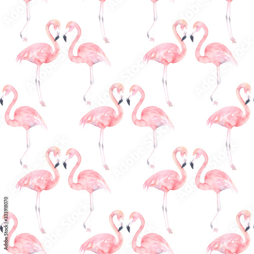 Watercolor seamless pattern with exotic flamingo on white background. Summer decoration print for wrapping, wallpaper, fabric