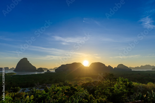 Beautiful Samet Nangshe viewpoint over Phnag-nga Bay scenic during sunrise  with mangrove forest and mountains in Andaman sea  near Phuket  Thailand