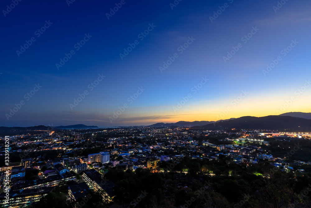 Phuket city aerial scenic view from Khao Rang Hill Park, during twilight