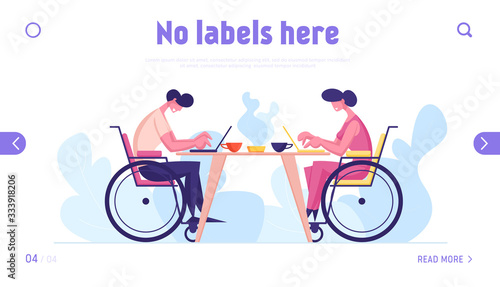 Disability, Employment for Disabled Persons Landing Page Template. Handicapped Employees, Colleagues Office Workers Sitting at Desk Working with Laptops on Table. Cartoon People Vector Illustration