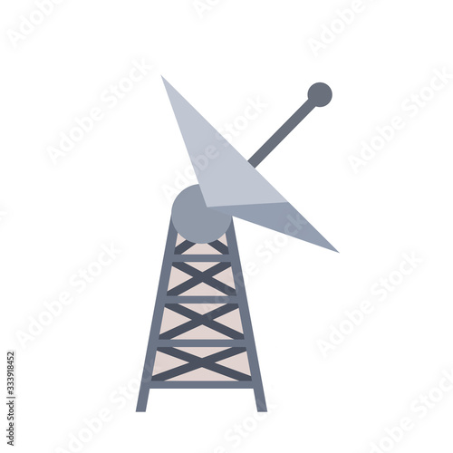 Antenna for receiving radio and television signals. Radar tower. Metal industrial construction. Radio waves and communications. Cartoon flat illustration