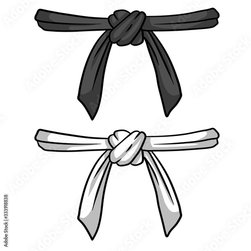 Black and white belt karate and judo. Oriental combat sport. Element of clothing of fighter. Traditional Japanese kimono. Master level set. Hand drawn illustration