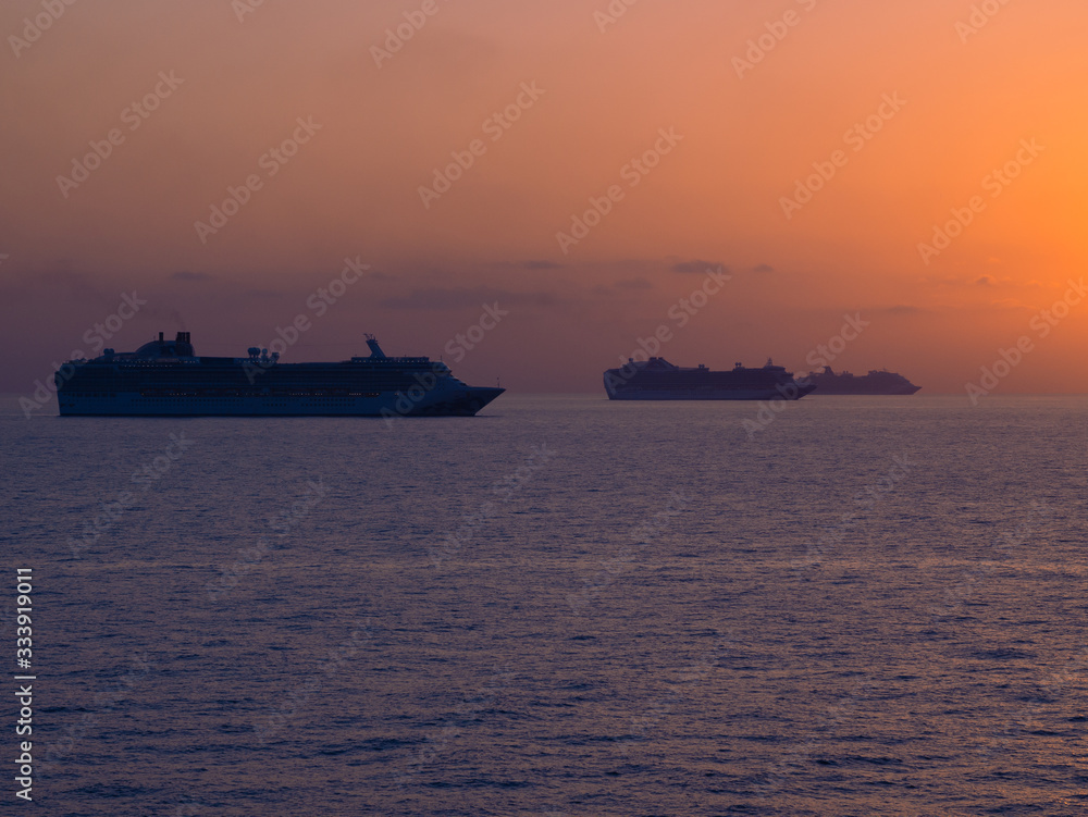 Cruise ships in the open ocean at the quarantine time during COVID-19 virus epidemic