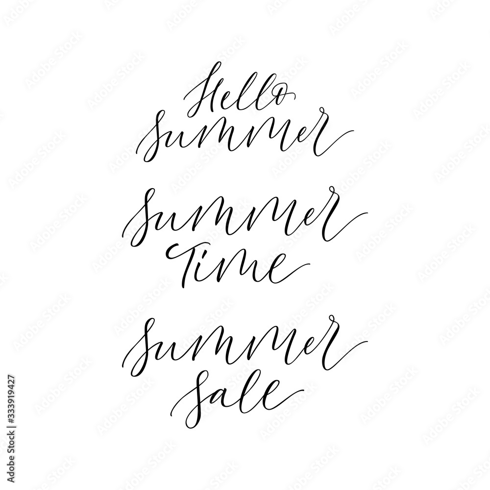 Set of 3 summer signs - hello Summer, summer time, summer sale. Modern calligraphy inscriptions for print, poster, card. Design element.