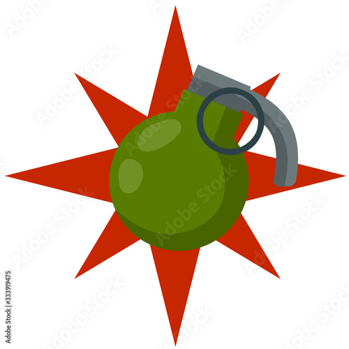 Grenade explosion. Green bomb. Weapons and bombshell. Red flash. Soldier's equipment and ammunition. Element of modern warfare. Cartoon flat illustration. Detonation and impact