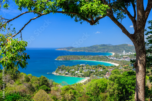 Magnificent scenic view over beautiful Andaman sea and three bays at Karon Viewpoint  Phuket  Thailand