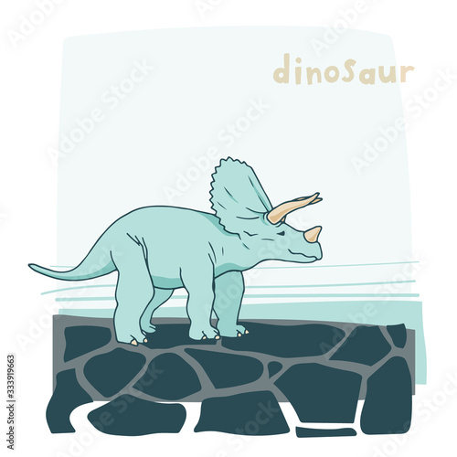 Dinosaur in the desert landscape. Drawn cartoon triceratops stands on the stones. Illustration for postcards.