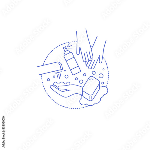 Hand washing. Disease prevention and hygiene. Healthcare. Linear icon with hands and soap. Sanitation and protection against infection and disease.