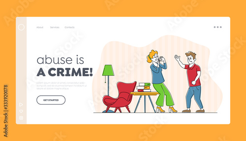 Domestic Violence and Spousal Abuse Landing Page Template. Young Family Quarrel and Swear in Living Room. Aggressive Man Yell on Woman. Husband and Wife Scandal. Linear People Vector Illustration
