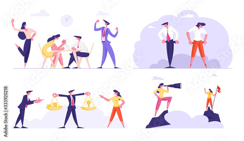 Set of Business People Characters Arm-wrestling Fight, Man with Scales Weigh Money and Idea, Leaders Stand on Mountain Peak with Flag and Spyglass. Bankrupts Empty Pockets. Cartoon Vector Illustration