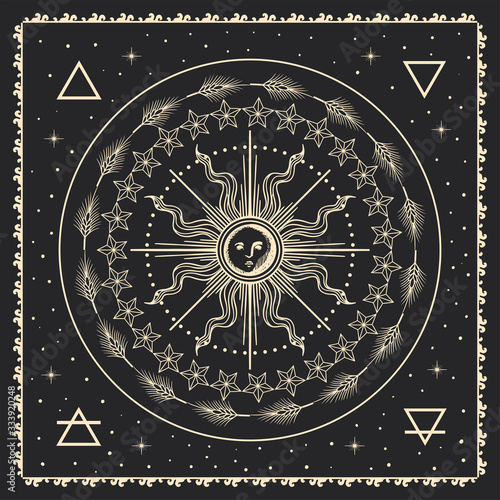 sun, magical vector illustration, tarot cards symbol, alchemy