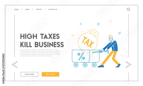 Tax Burden Payment Obligation, Financial Debt Landing Page Template. Businessman Character Drag Huge Trolley with Heavy Bob and Percent Sign. Business Man Have Bank Loan. Linear Vector Illustration