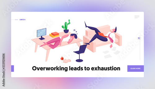Laziness, Emotional Burnout Landing Page Template. Tired Overworked Business Characters Sleep on Office Desk and Couch. Employees Sleeping at Working Place. Cartoon People. Cartoon Vector Illustration