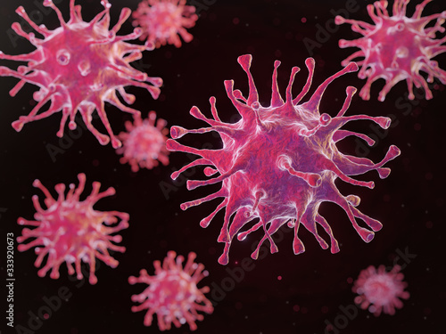 Microscopic view of floating coronavirus virus cells ,pandemic risk concept.3D render.