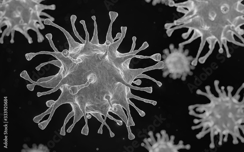 Microscopic view of floating coronavirus virus cells ,pandemic risk concept.3D render.