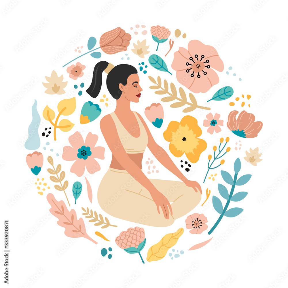 Young sport girl do yoga exercises, poses asanas. Vector colorful, flat illustration, isolated flower background. Young sport girl do yoga exercises, poses asanas. Vector colorful, flat illustration, isolated flower background.