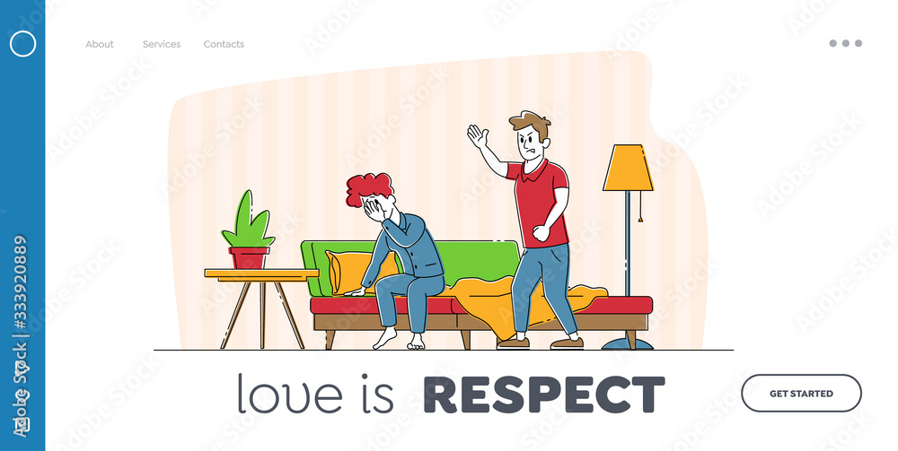 Married Couple Fighting Landing Page Template. Annoyed Wife Tired of Husband Disagreement and Lecturing. Woman Character Crying, Family Quarrel, Pressure, Break Up. Linear People Vector Illustration