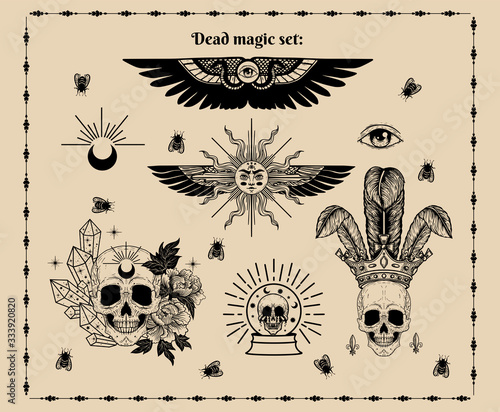 Vector witch and Magic Collection with with alchemy symbols: crystal ball, skull , moon, flowers, wings, eye, flies, crown, crystals, tattoo set