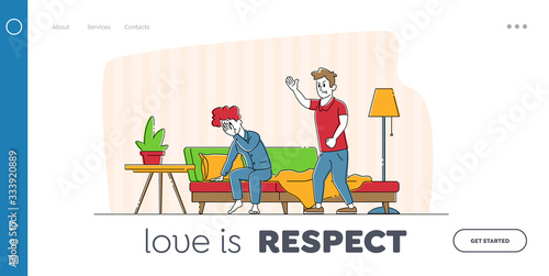 Married Couple Fighting Landing Page Template. Annoyed Wife Tired of Husband Disagreement and Lecturing. Woman Character Crying, Family Quarrel, Pressure, Break Up. Linear People Vector Illustration