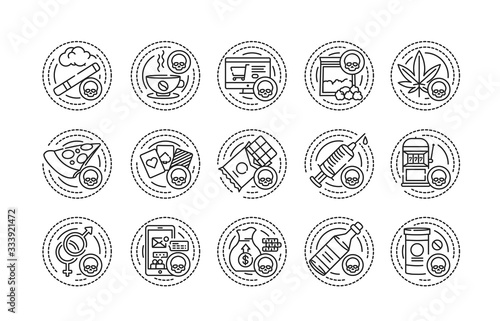 Addiction black line icons set. Physical or emotional dependence on something. Pictogram for web page, mobile app, promo. UI UX GUI design element. Editable stroke.