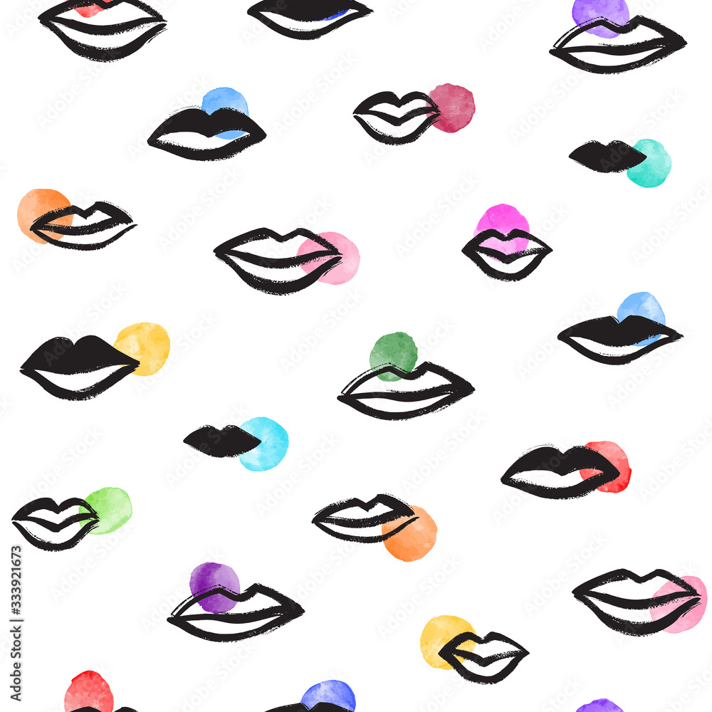 Hand drawn woman lips and colorful watercolor round spots, uneven tiny dots seamless repeat vector pattern. Fashion, beauty salon background. Uneven textured edge, bright rainbow contrast colors.