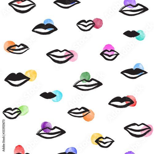 Hand drawn woman lips and colorful watercolor round spots, uneven tiny dots seamless repeat vector pattern. Fashion, beauty salon background. Uneven textured edge, bright rainbow contrast colors.