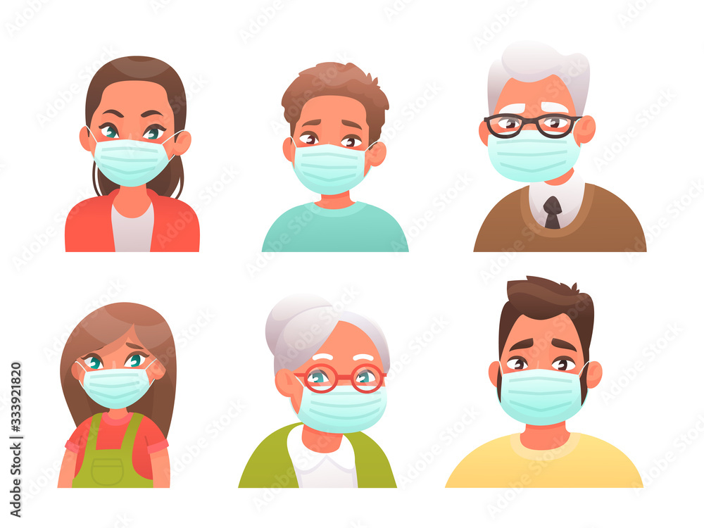 Set of avatars of people in protective medical masks. Boy, girl, man, woman, grandfather and grandmother are protected from the virus Set of avatars of people in protective medical masks. Boy, girl, man, woman, grandfather and grandmother are protected from the virus