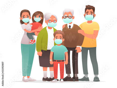 Family in protective medical masks. Mother, father, grandparents, children protect themselves from the virus or from air pollution. Coronavirus.