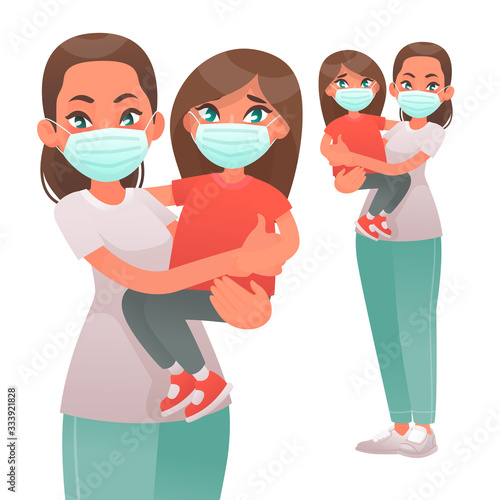 Mom with a child in a protective medical mask. Mother and daughter are protected from the virus or air pollution. Coronavirus