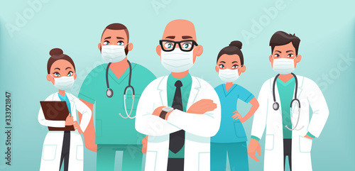 Team of doctors in protective medical masks. The fight against coronavirus COVID-19. Vector illustration