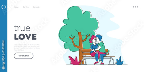 Loving Couple Kissing on Bench in Summer City Park Landing Page Template. Young People Spend Time Together Flirting, Chatting on Street. Characters Fall in Love, Dating. Linear Vector Illustration