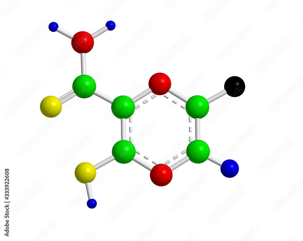 Molecular structure of Favipiravir, 3D rendering Molecular structure of Favipiravir, 3D rendering