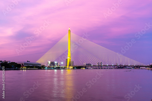 Photography Twilight of Rama 8 suspension bridge, Bangkok Thailand