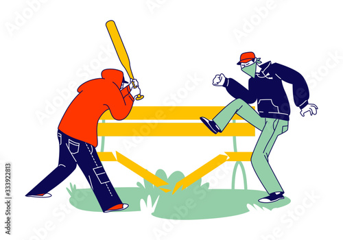 Aggressive Male Characters with Hidden Faces and Baseball Bat Breaking Wooden Bench on Street. Vandalism, Violence and Teen Aggression. Criminals Destroying Property. Linear People Vector Illustration