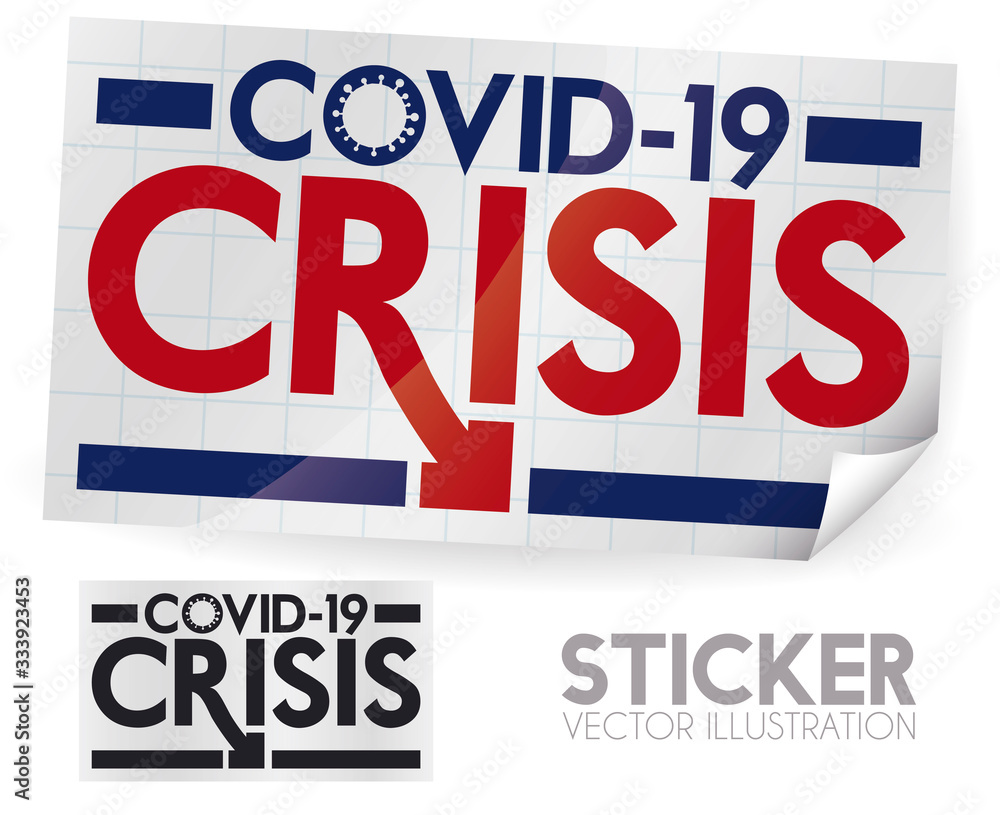 Fototapeta premium Gridded Sticker with Arrow Down Announcing COVID-19 Financial Crisis, Vector Illustration