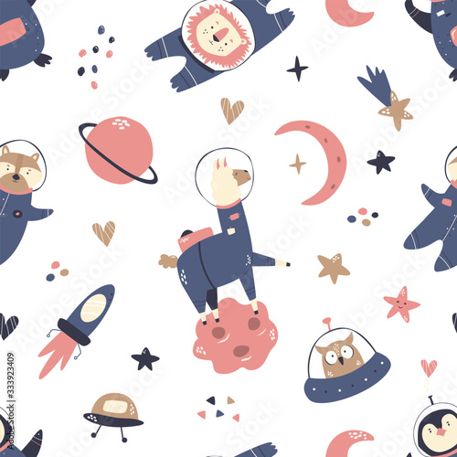 Seamless pattern with animals and space elements