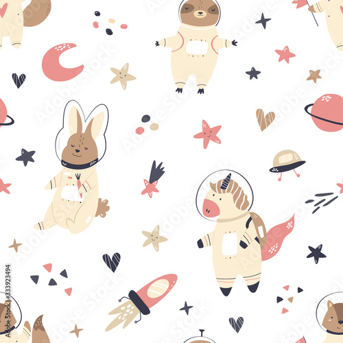 Seamless pattern with animals and space elements
