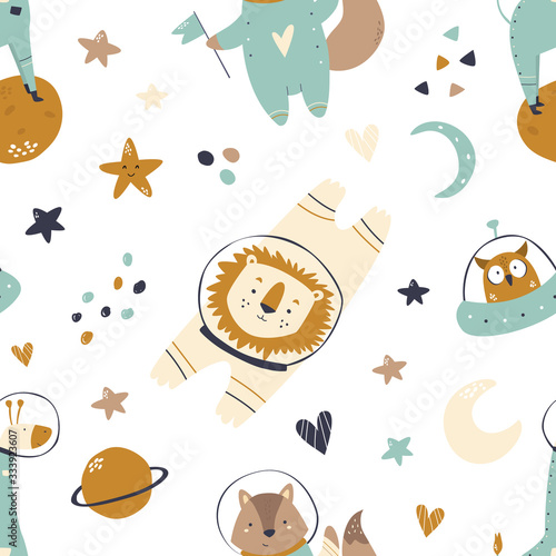 Seamless pattern with animals and space elements