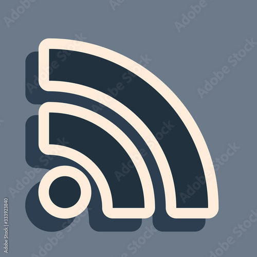 Black RSS icon isolated on grey background. Radio signal. RSS feed symbol. Long shadow style. Vector Illustration