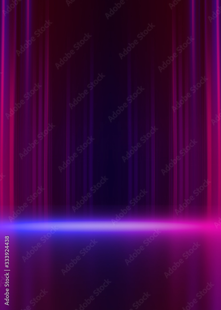 Background empty show scene. Ultraviolet dark abstract background. Geometric neon shapes, neon glow, blue and pink lighting