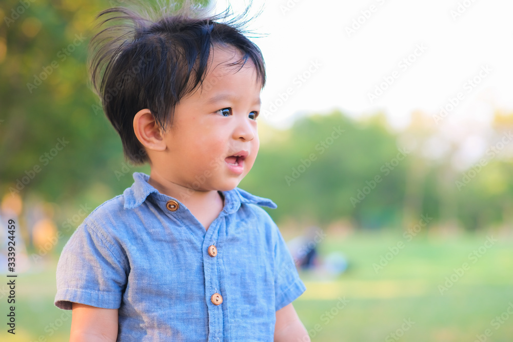 Happy little boy in the blue shirt standing on green grass field in city park Happy little boy in the blue shirt standing on green grass field in city park