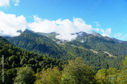 mountain landscape Rosa Khutor in the clouds in summer in Sochi