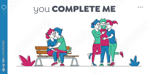 Kissing People Landing Page Template. Couple Flirting on Bench in Summer Park. Young Girls Kiss Gigolo Man. Characters Spend Time Together, Fall in Love, Dating Sparetime. Linear Vector Illustration